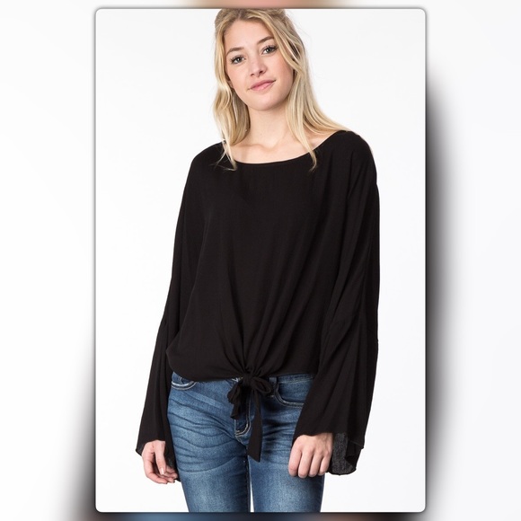 Black Bell Sleeve Tie Front Top - Picture 3 of 5